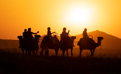 Camel riders enjoy sunset views in desert landscape while silhouettes appear against orange sky