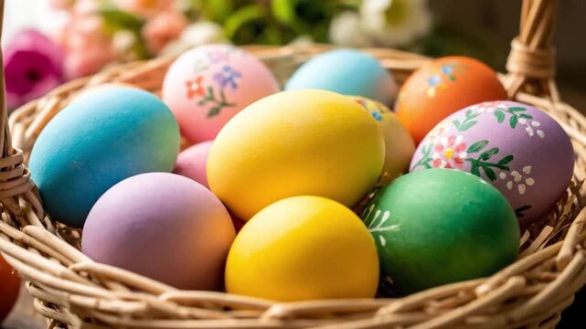 ​Colorful easter eggs in wicker basket with spring floral background