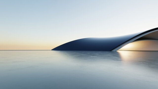 Abstract curved architecture background, Exterior space with empty concrete floor, Futuristic modern building for car presentation backdrop, 3d rendering