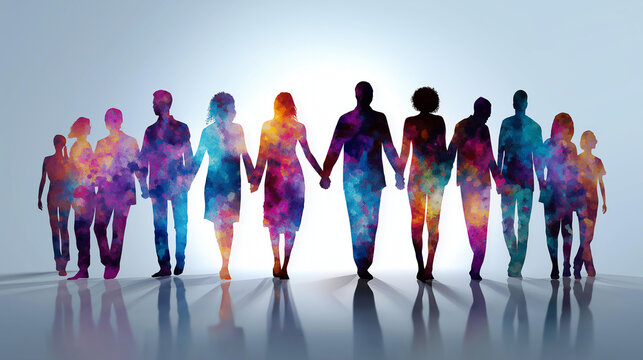 Vibrant unity showing colorful silhouette of togetherness, abstract community representation, inclusive visualization, with copy space