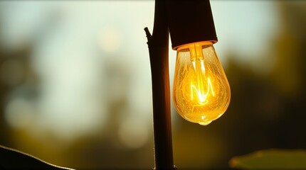 Light bulb hangs from a branch in a garden during golden hour with soft sunlight in the background