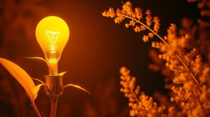 Light bulb shines bright next to plants at night creating a warm atmosphere in a garden setting