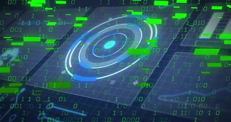Digital binary code and futuristic target interface animation over grid background - Powered by Adobe