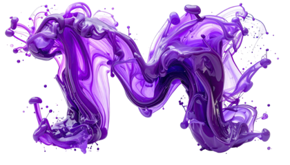 Glossy, flowing, swirling, violet-toned letter ?M? against a black backdrop, fluid, vibrant