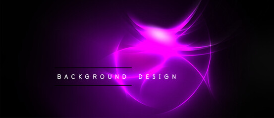 Fototapeta premium Bright purple abstract design. Glowing lines radiate from central point against dark backdrop. Text reads background design.