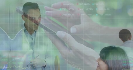 Medical professionals discussing over stock market data and graphs animation - Powered by Adobe