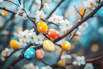 Vibrant Easter eggs nestled among white blossoms