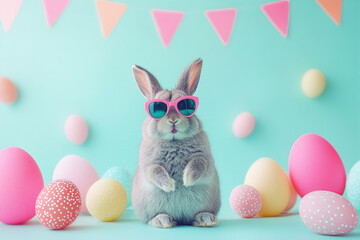 Festive bunny surrounded by pastel eggs and fairy lights