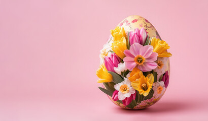 Large decorative Easter egg adorned with blooming tulips