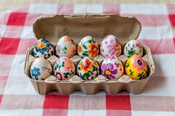 Floral-themed hand-painted eggs in delicate carton