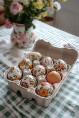 Beautifully crafted floral eggs in a green carton