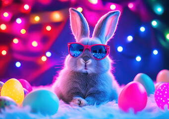 Playful bunny in neon lights surrounded by glowing Easter eggs