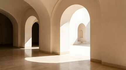 Minimalist mediterranean architecture with multiple white arched hallways and sunlit stone corridors in a serene empty building with clean lines and natural bright lighting