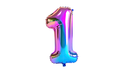 Glossy, metallic number "1" balloon, iridescent colors (pink, blue, green), on a black background