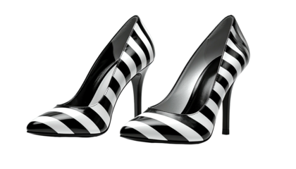 Glossy pair of stiletto high heels with black and white stripes, isolated on black background
