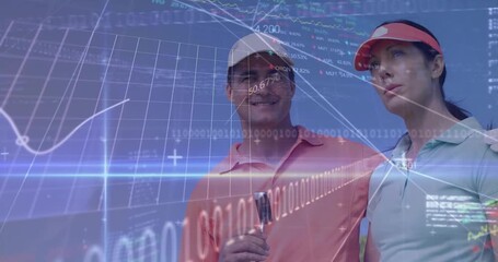 Man and woman standing on golf course, showing stock charts, percentages and binary code streams - Powered by Adobe