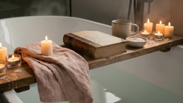 cozy fall - A tranquil scene featuring a wooden bath caddy with candles, an open book, and a mug, set against a softly lit, steam-filled bathroom atmosphere