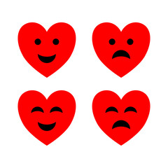 Set of funny cartoon red hearts with cute smile faces as vector illustration symbols for Valentine's Day romance and holiday card design