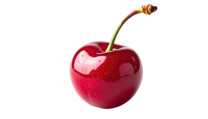 Glossy, vibrant red cherry with a green stem against a stark black background