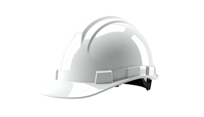 Glossy white safety helmet, isolated on black background, angled view
