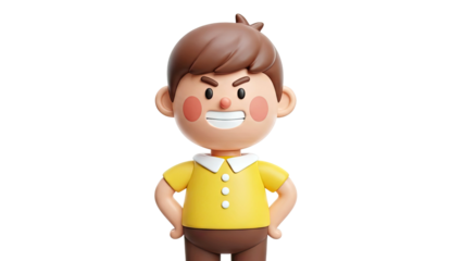 3D cartoon boy with brown hair and yellow shirt, smiling confidently