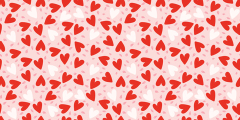 Happy Valentines Day Pattern with Nubes and Leaves. Hand drawn red heart design. Love background perfect for invitations, cards, print, apparel, poster, web, wrapping paper. Vector Illustration