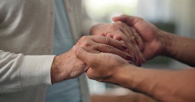 Holding hands, comfort and nurse with old woman in home, support and compassion for cancer diagnosis. Bad news, hope and caregiver with elderly person for health consultation, kindness and empathy
