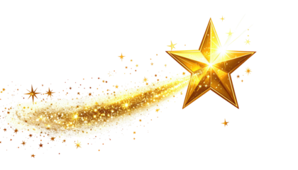 Glowing golden star with a luminous trail against a stark black background