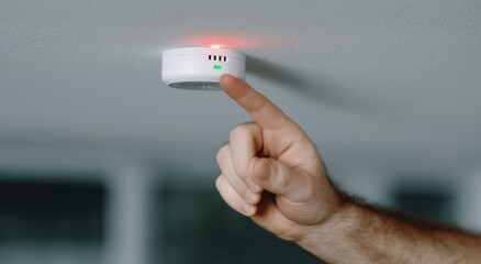 Hand activating residential smoke alarm on ceiling, conducting a safety test of the fire detection device, ensuring home protection and emergency preparedness