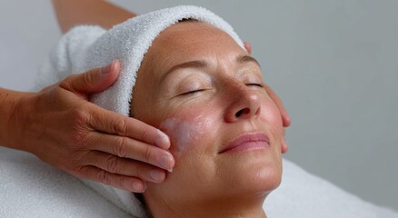 Woman enjoying relaxing facial treatment, a beautician gently applying cleansing foam to her face, emphasizing skin care, beauty, and self care at a spa