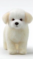 White fluffy toy puppy standing looking forward, embodying innocence and charming cuteness, a delightful companion for themes of pets, childhood, and joy