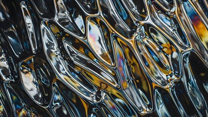 Close-up of molten glass with iridescent reflections and ripples