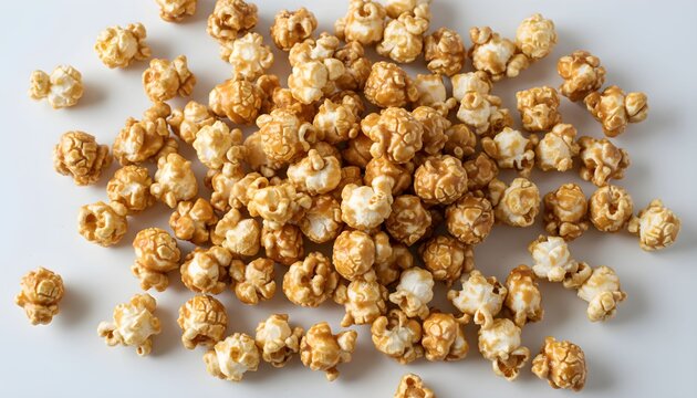 A heap of caramel popcorn scattered on a white surface with several kernels.