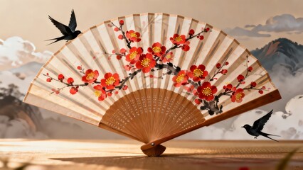 An intricately designed traditional folding fan adorned with vibrant red plum blossoms and black birds set against a serene landscape backdrop.