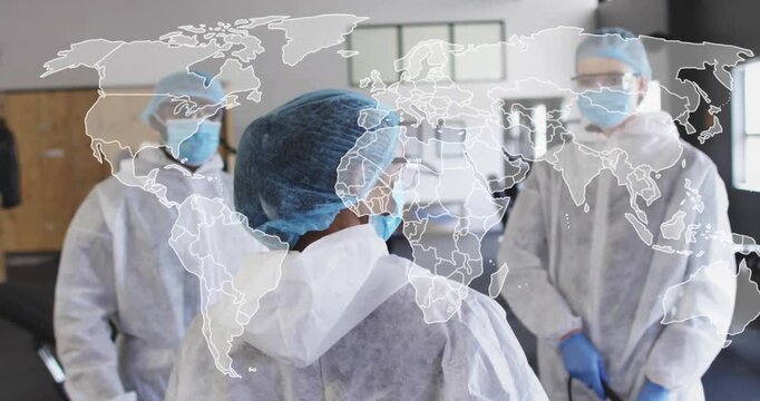 Team lead leading medical briefing PPE world map fading in over staff causing zoom for response