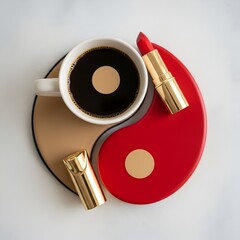 A balanced composition of a white coffee cup filled with dark coffee sits atop a yin-yang symbol