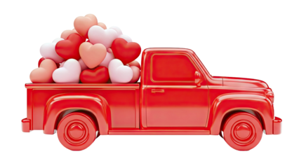 Red pickup truck loaded with heart-shaped balloons