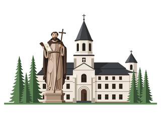 Obraz premium Illustration of a monk statue beside a lightcolored church building with dark roofs