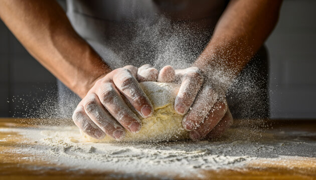 Expert hands kneading dough for bread