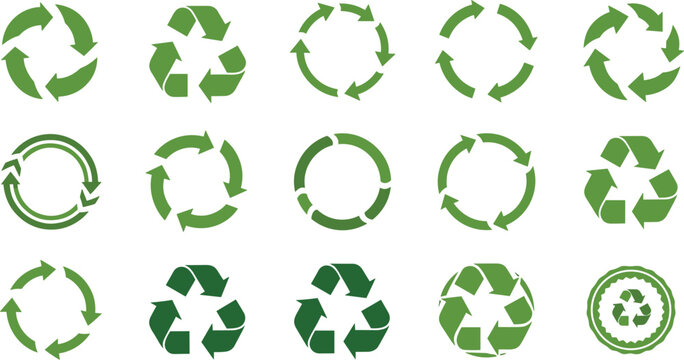 Green Recycling and Circular Arrow Icons Set Showing Loop, Refresh, Rotation, and Sustainability Cycle Vector Illustration