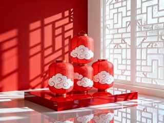 Red Chinese lanterns with cloud patterns displayed on a reflective surface near a traditional lattice window bathed in sunlight.