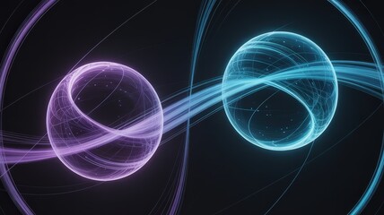 Abstract glowing spheres with intertwined light trails on a dark background.