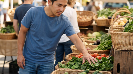 Man choosing fresh vegetables at an outdoor market stall. Asian customer shopping for healthy organic produce