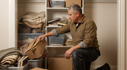 Man decluttering a messy storage closet at home. Middle-aged person organizing belongings and packing cardboard boxes for a move