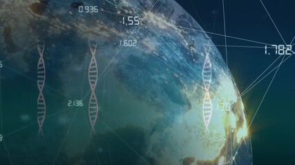 Animation of network of connections over dna strand over globe - Powered by Adobe
