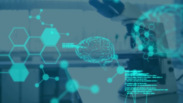 Animation of data processing and digital brain over empty lab