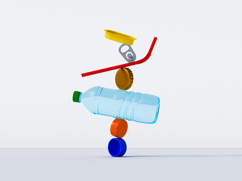 Stacked plastic bottle and caps balanced symbolically for environment