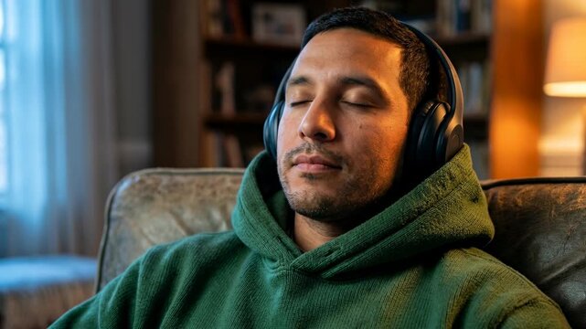 A man with headphones relaxes with his eyes closed on a couch. Young adult listening to music or a podcast for meditation and stress relief at home