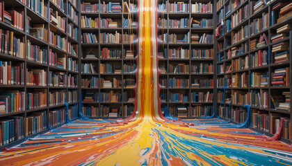 Colorful painting flowing through library best for creativity concepts, knowledge visualization, and artistic education themes