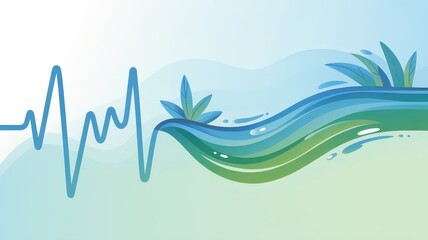Fototapeta premium Abstract Heartbeat Wave with Green Leaves and Blue Water Flow.